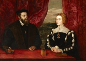 Retrato de Carlos V e Isabel de Portugal en un fondo rojo