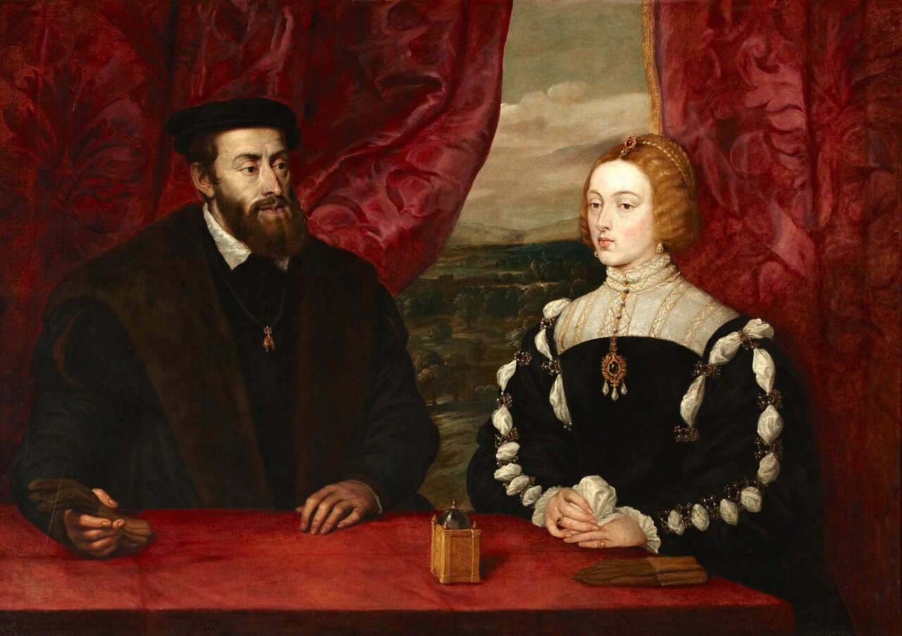 Retrato de Carlos V e Isabel de Portugal en un fondo rojo