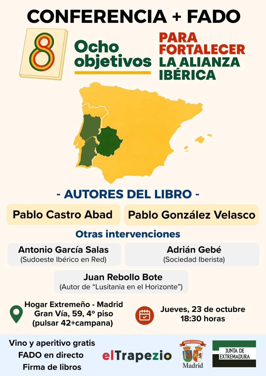 Cartel del evento sobre la Alianza Ibérica con detalles de la conferencia y fado.