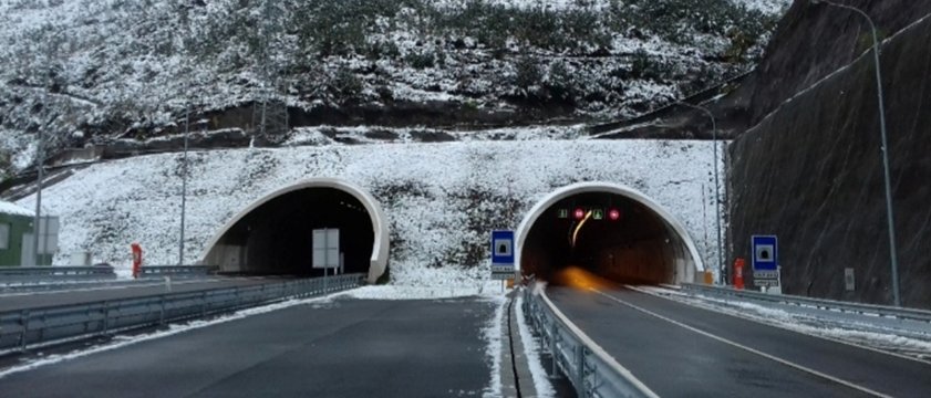 Entrada de un túnel en un paisaje nevado con señales de tráfico