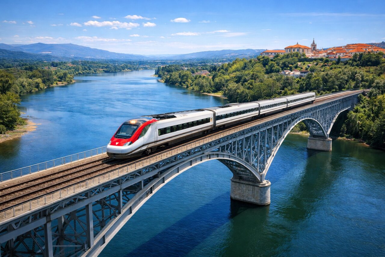 Tren de alta velocidad cruzando un puente sobre el río en Portugal