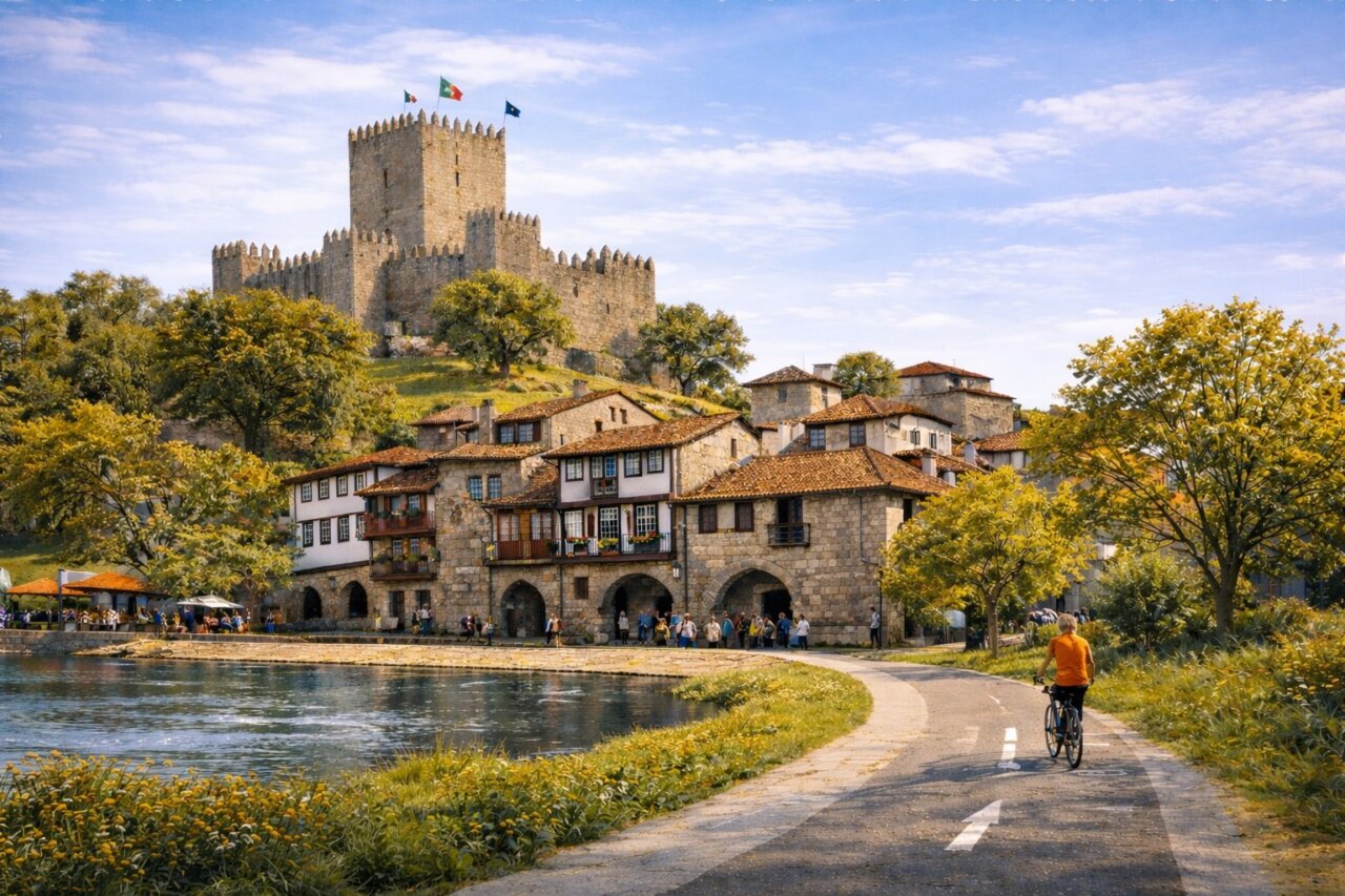 Vista del castillo y casas históricas en Guimarães, Portugal