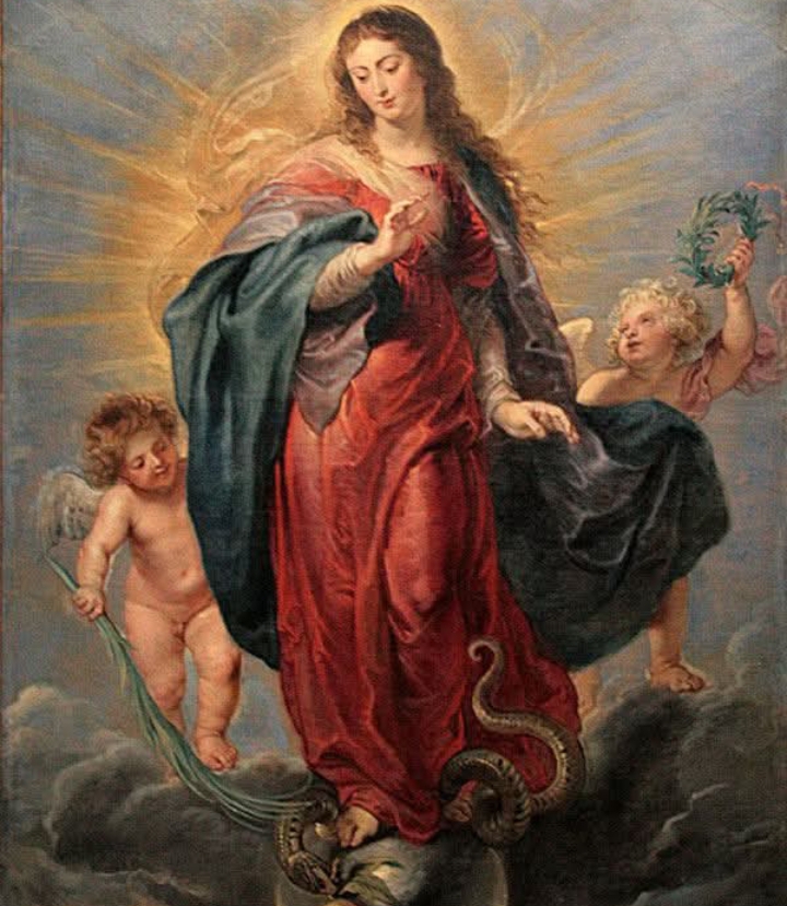 Pintura de la Inmaculada Concepción con ángeles