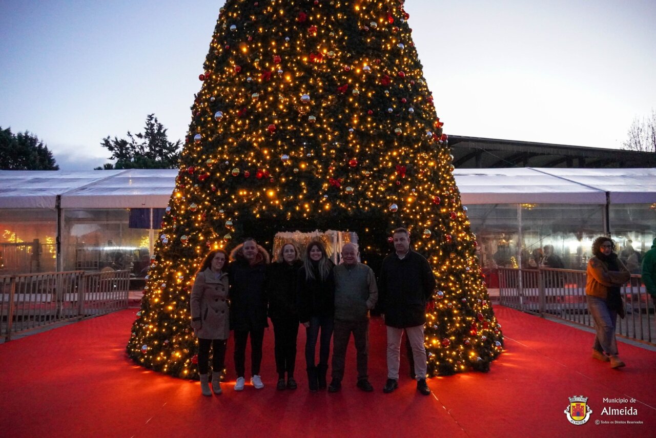 Grupo de personas frente a un gran árbol de Navidad iluminado en Almeida