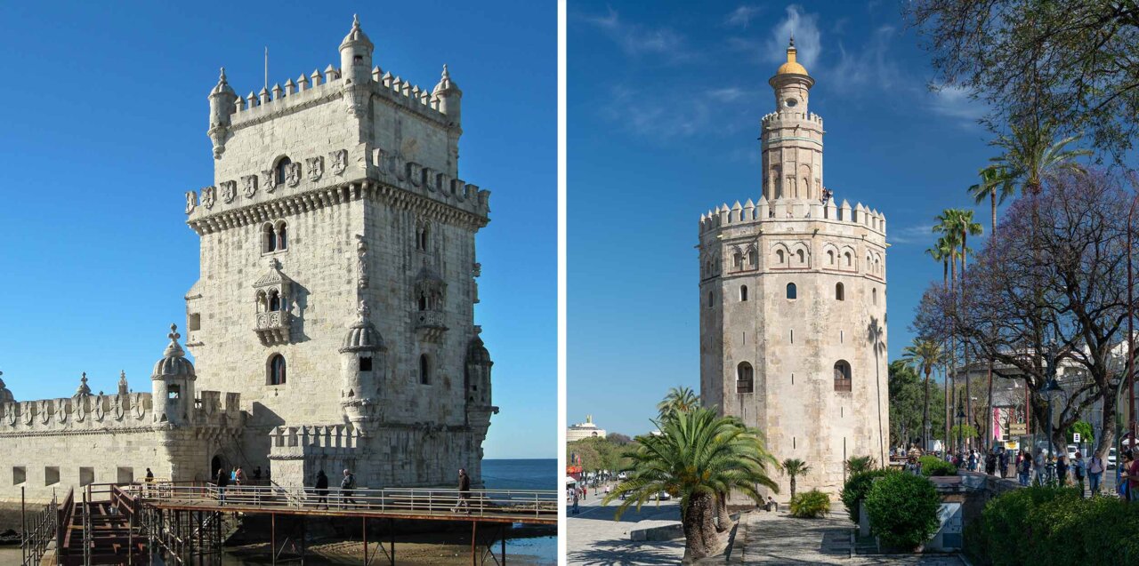 Torre de Belém en Lisboa y Torre del Oro en Sevilla