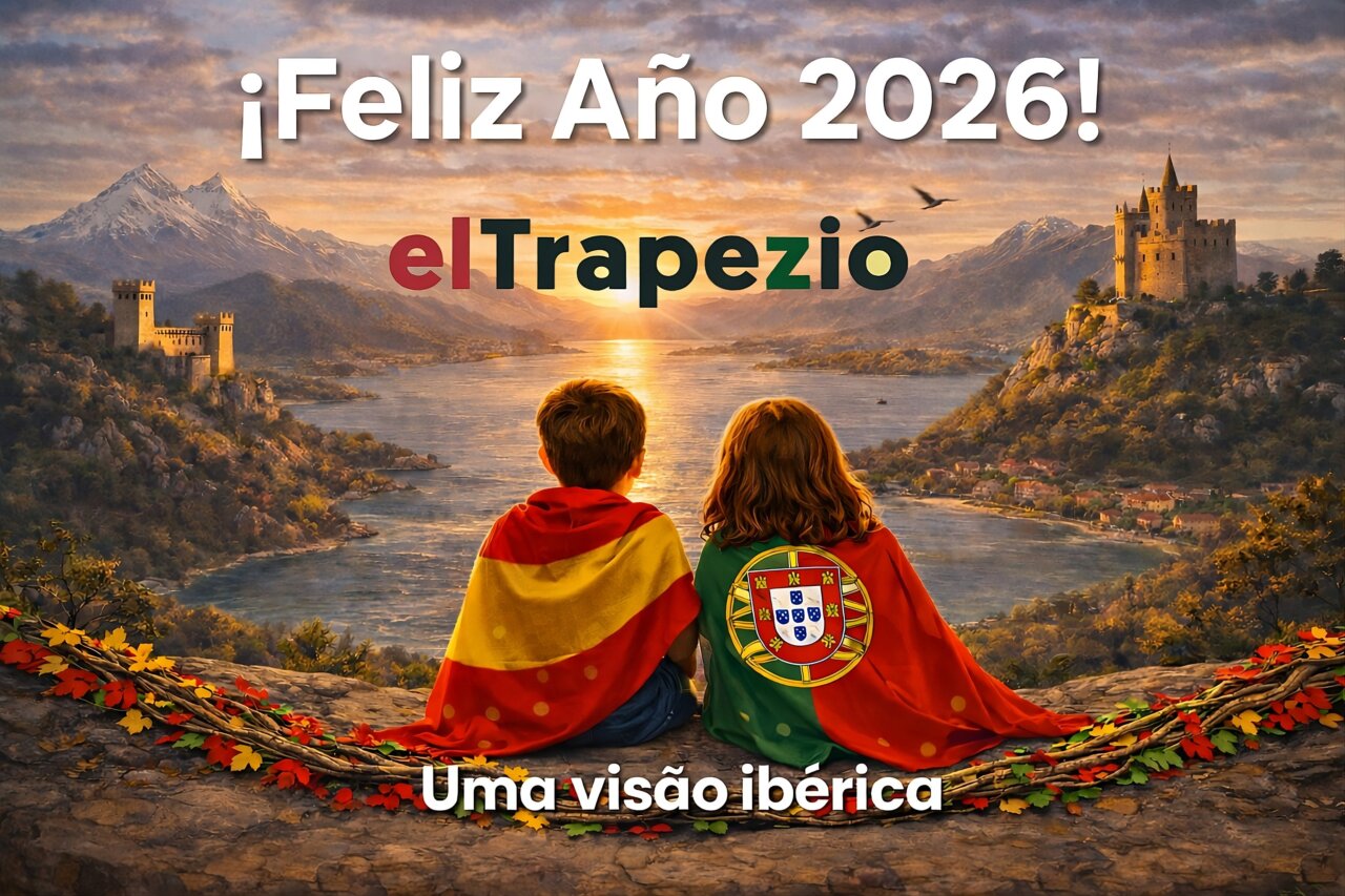 Niños con banderas de España y Portugal en un paisaje hermoso