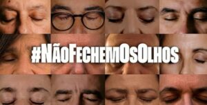 Várias pessoas com os olhos fechados em apoio à revista Visão
