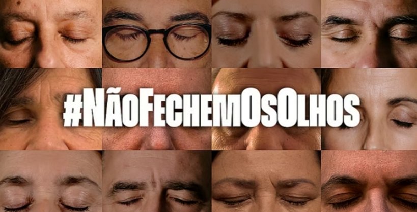 Várias pessoas com os olhos fechados em apoio à revista Visão