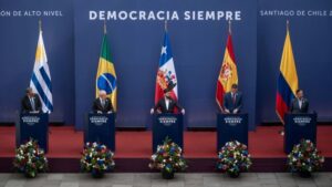 Rueda de prensa con líderes de Brasil, Chile, Colombia, México, Uruguay y España