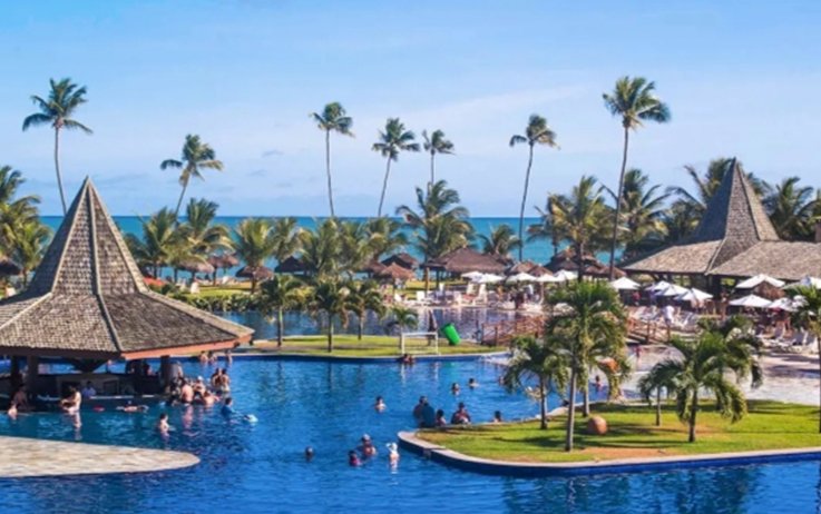Vista de una piscina en un hotel con palmeras y personas disfrutando