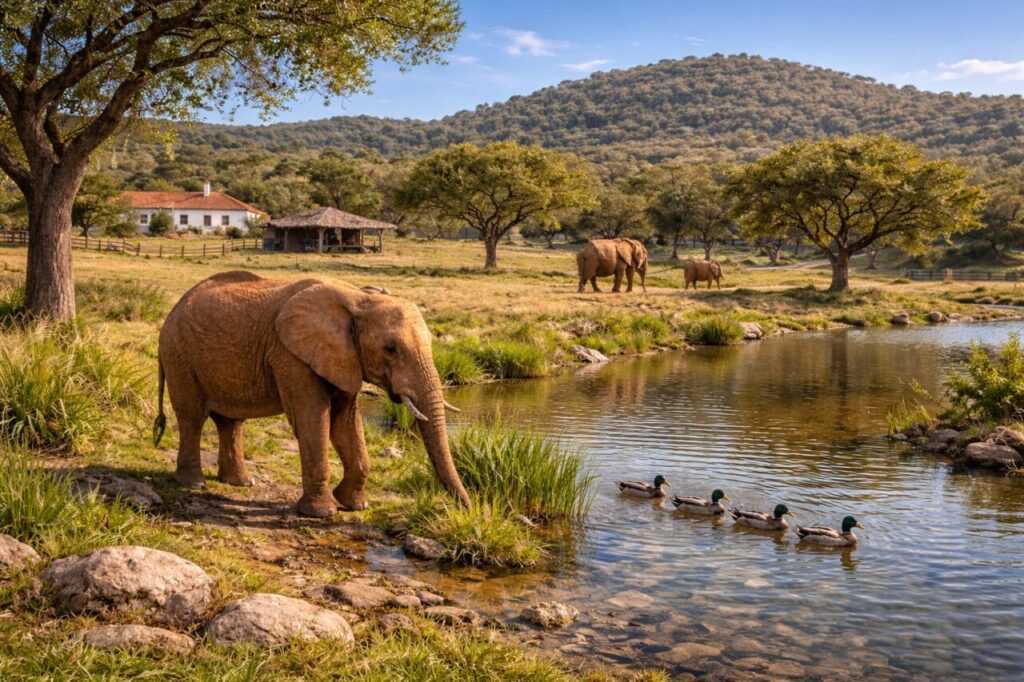 Elefante en un santuario en Portugal junto a un estanque