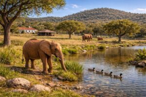 Elefante en un santuario en Portugal junto a un estanque