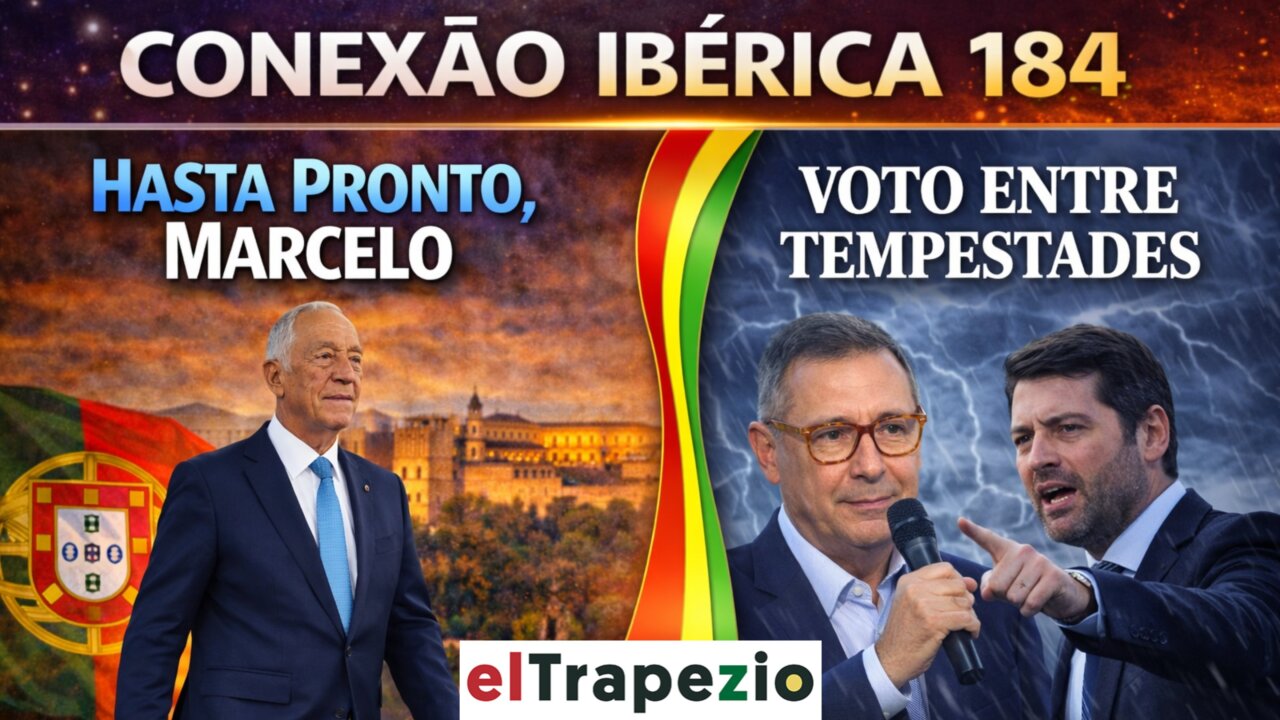 Imagen del programa Conexión Ibérica 184 con presentadores y fondo de banderas