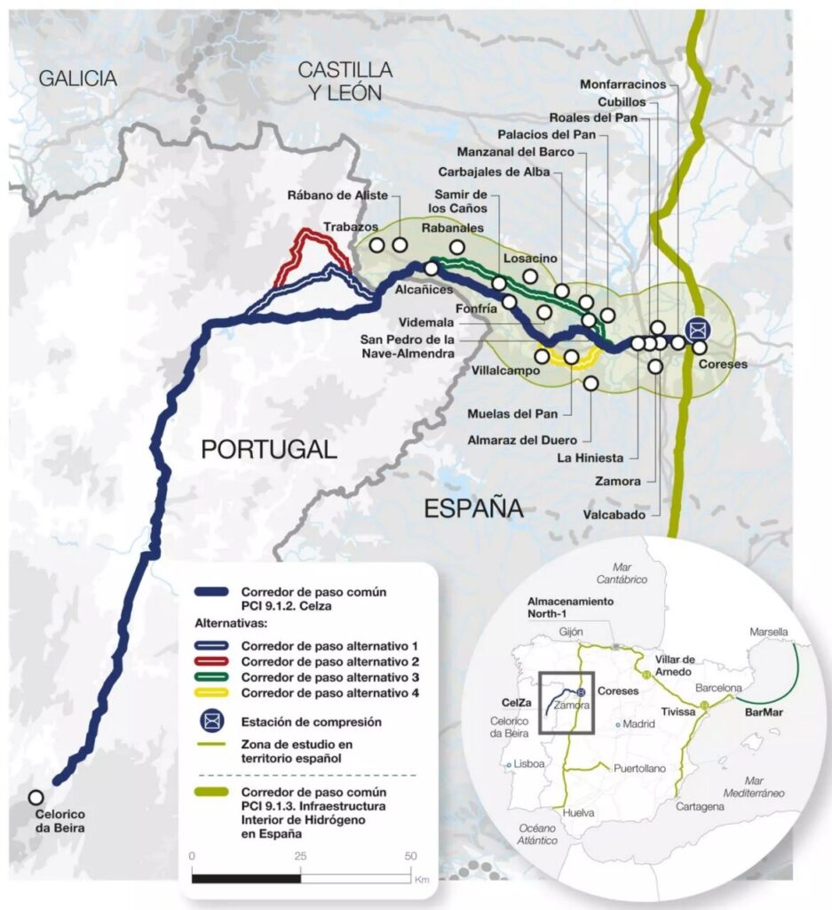 Mapa del corredor ibérico de hidrógeno entre España y Portugal