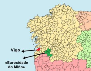 Mapa de la Eurocidade do Miño en Galicia y Portugal