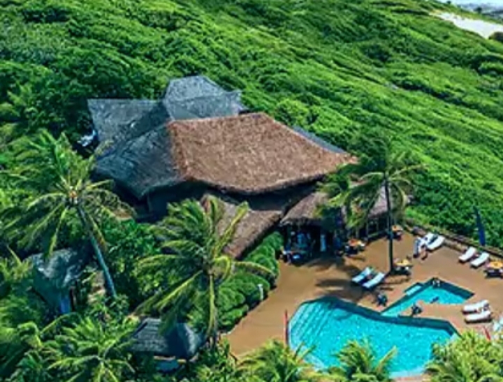 Vista aérea de una casa con piscina rodeada de vegetación tropical