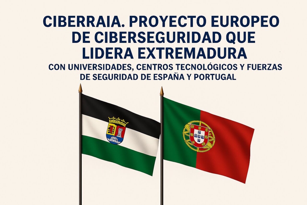 Banderas de España y Portugal con texto sobre ciberseguridad