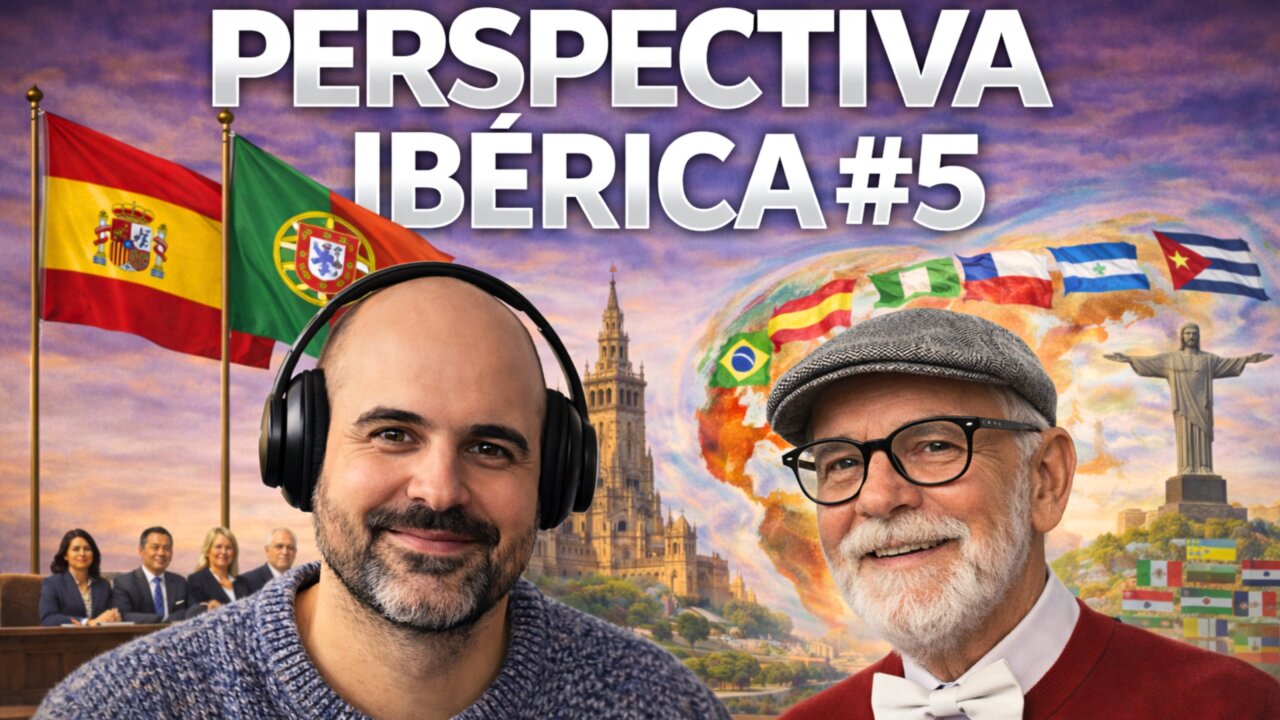 Dos hombres sonrientes en un fondo con banderas ibéricas y monumentos