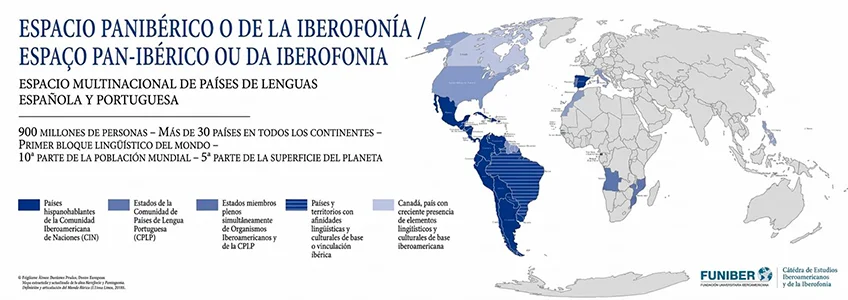 Mapa del espacio panibérico y de la iberofonía con países de lenguas española y portuguesa.