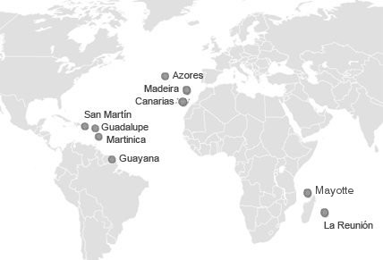 Mapa que muestra las regiones ultraperiféricas de la Unión Europea.