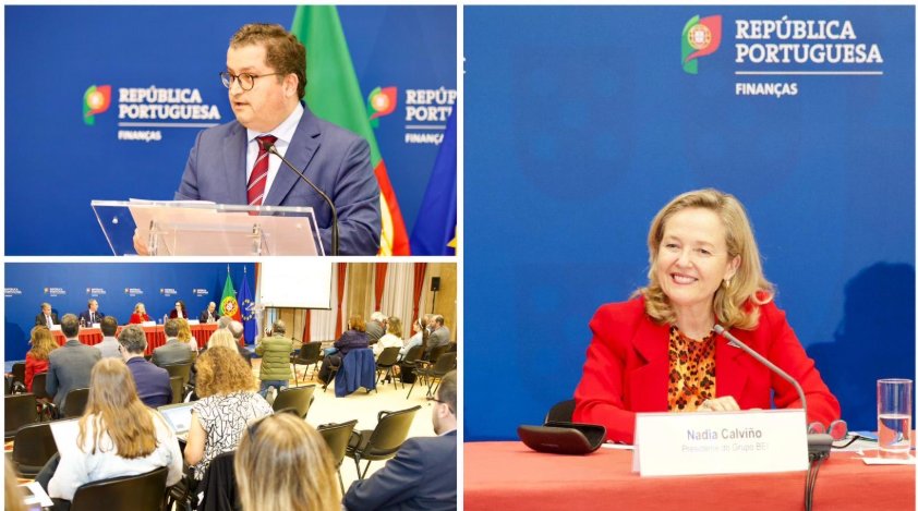 Nadia Calviño en una conferencia sobre el BEI en Portugal