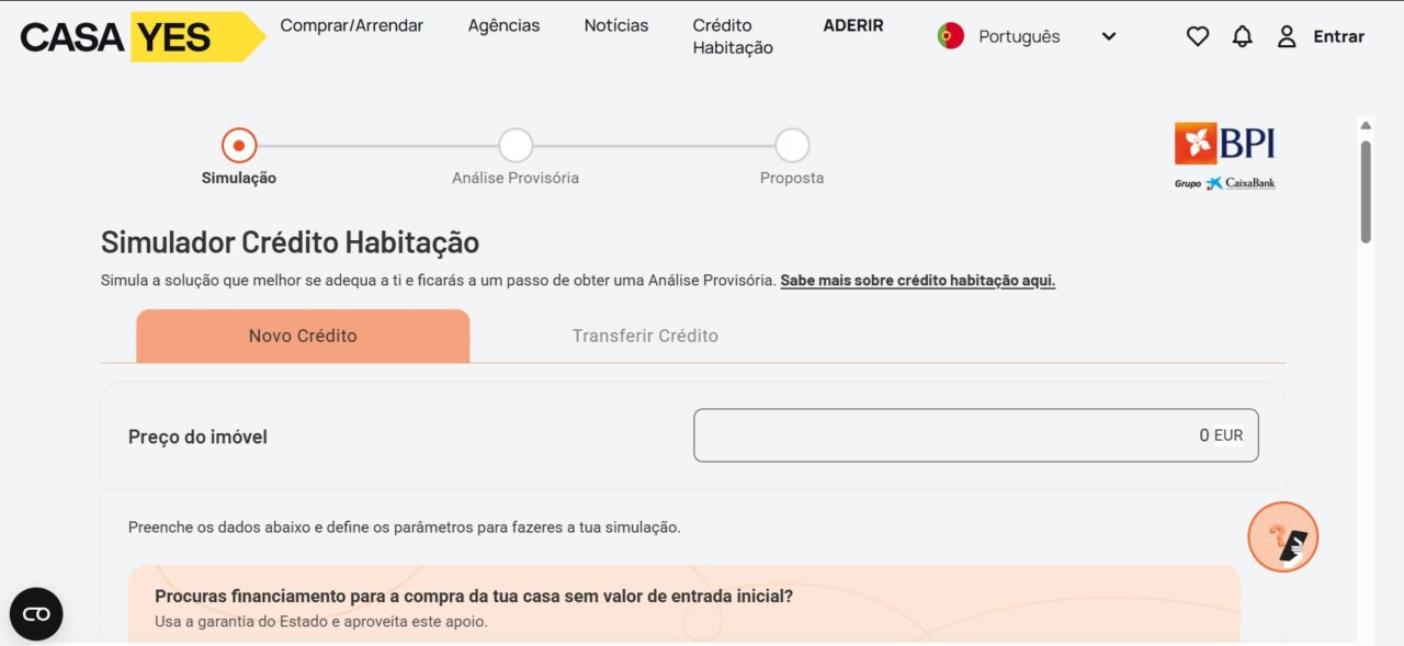 Simulador de crédito habitação da Casa Yes com logotipo do BPI