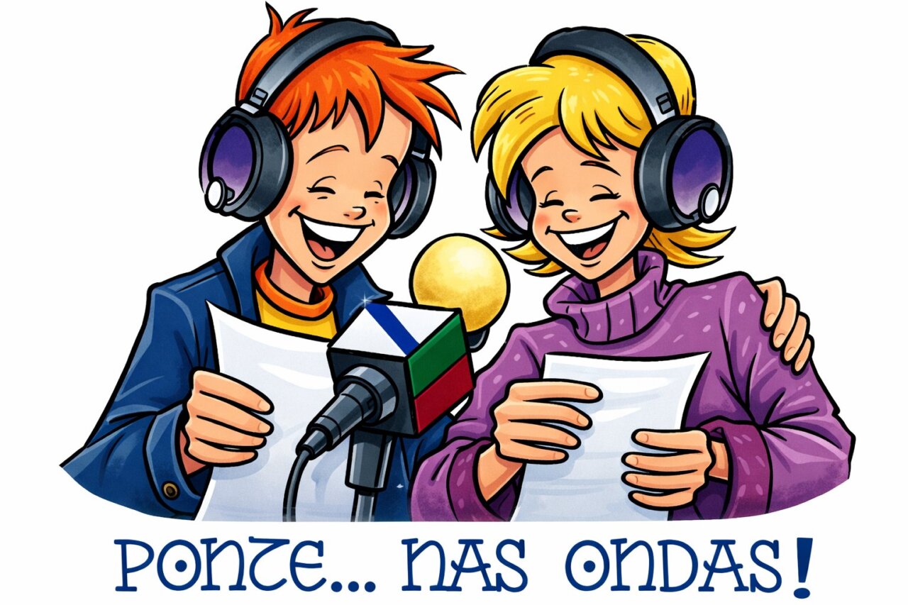 Ilustración de niños con auriculares en una emisora de radio