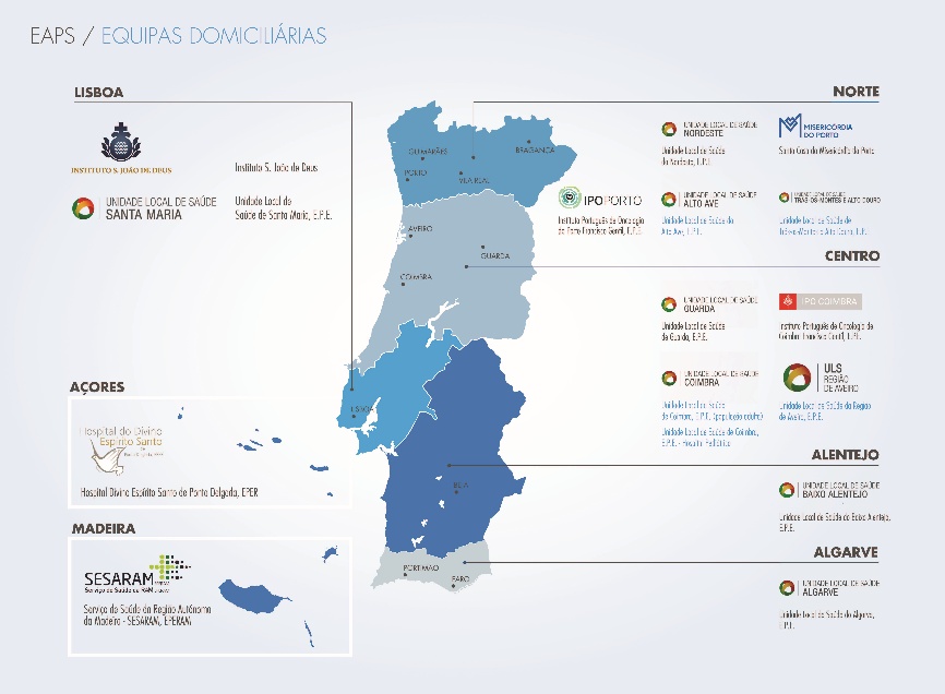 Mapa de Portugal con localización de Equipas Domiciliárias de Cuidados Paliativos