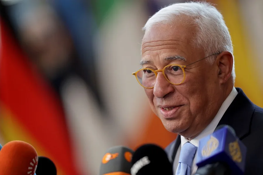 António Costa hablando en una conferencia de prensa sobre su viaje a Guatemala y México.
