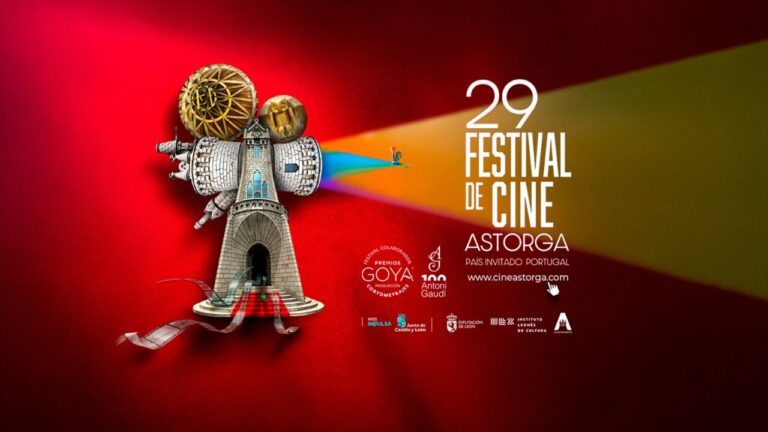 Cartel del 29 Festival de Cine de Astorga con elementos de Portugal y Gaudí