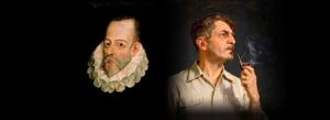 Retratos de Gilberto Freyre y Miguel de Cervantes en un fondo oscuro