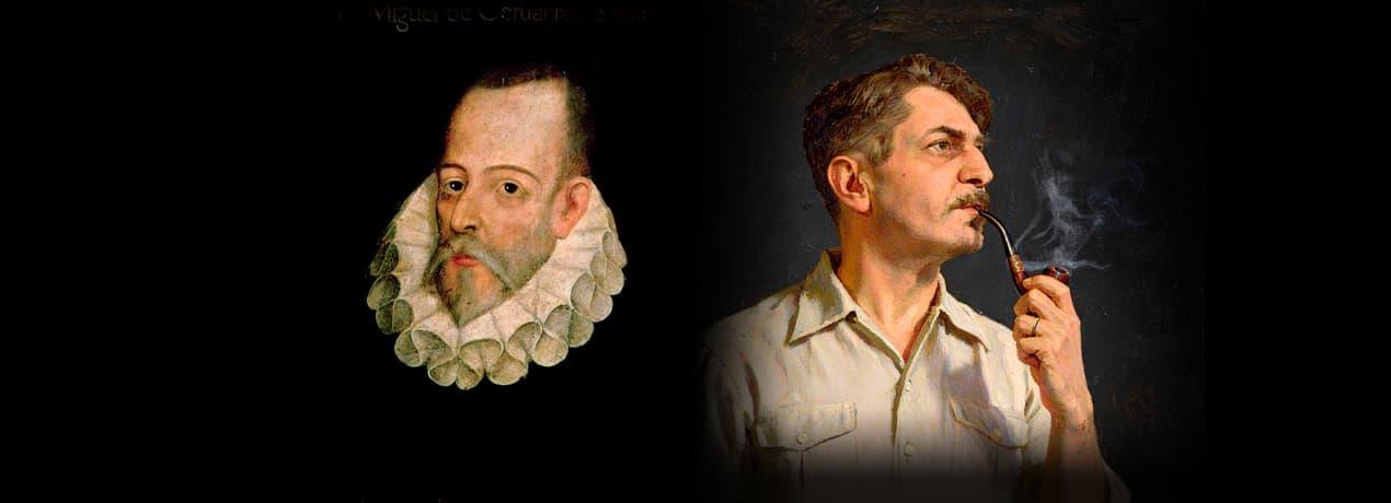 Retratos de Gilberto Freyre y Miguel de Cervantes en un fondo oscuro