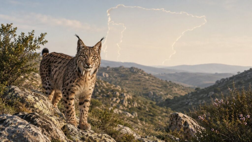 Lince ibérico en un paisaje montañoso de Portugal