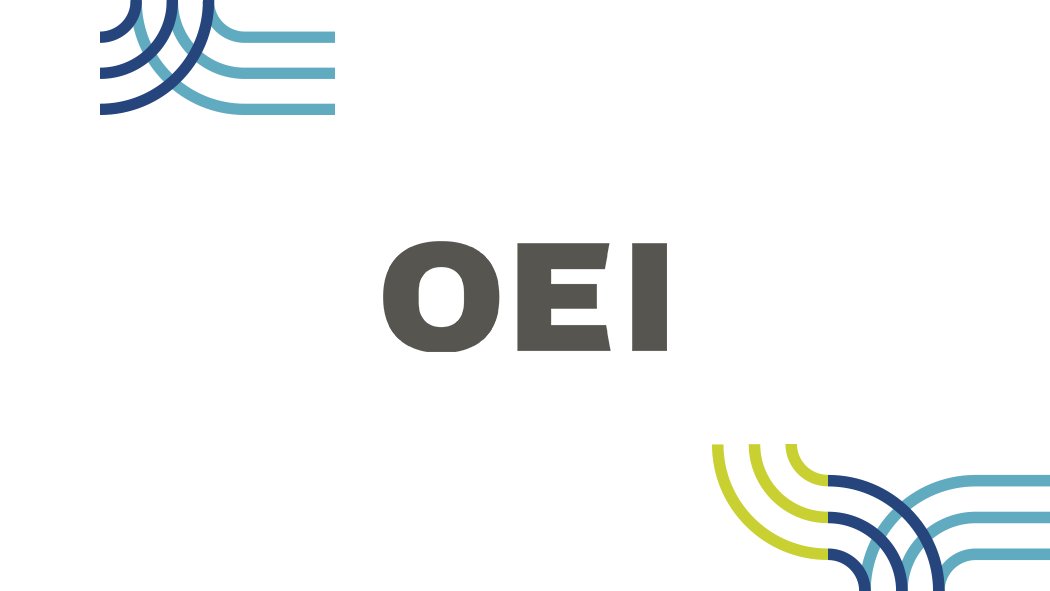 Logo de la OEI sobre un fondo blanco con líneas decorativas