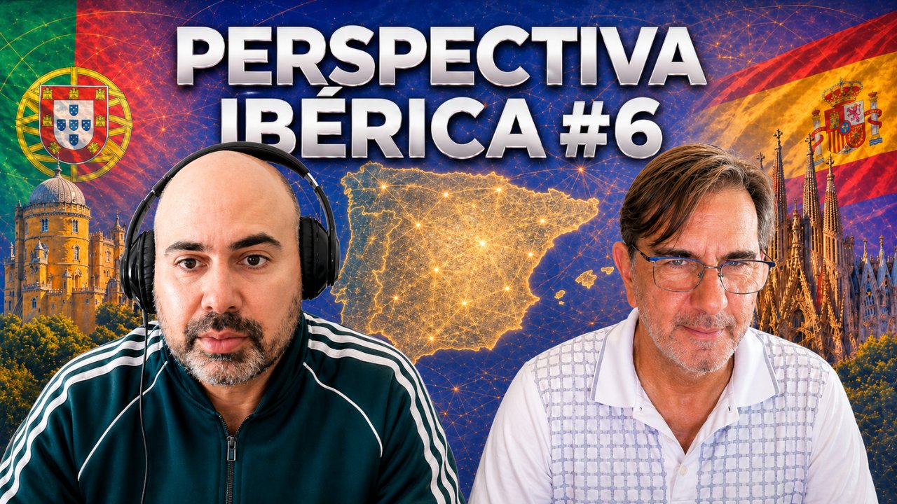 Dos hombres discutiendo sobre la perspectiva ibérica con mapas de España y Portugal