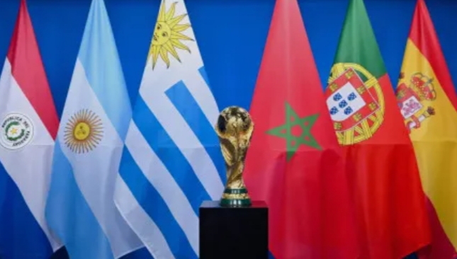 Trofeo de la Copa Mundial de Fútbol rodeado de banderas