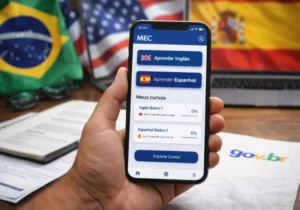 Pantalla de un teléfono mostrando la plataforma MEC Idiomas para aprender inglés y español