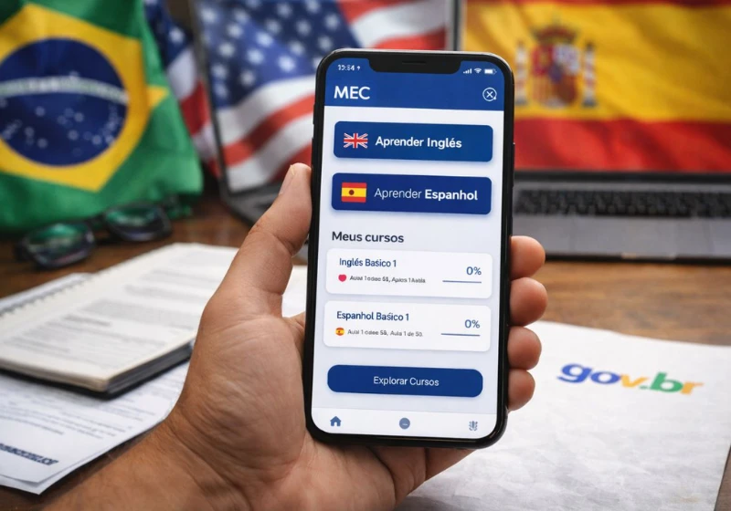 Pantalla de un teléfono mostrando la plataforma MEC Idiomas para aprender inglés y español