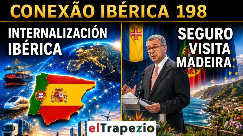 Mapa de la península ibérica con imágenes de transporte y un orador
