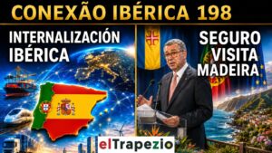 Mapa de la península ibérica con imágenes de transporte y un orador