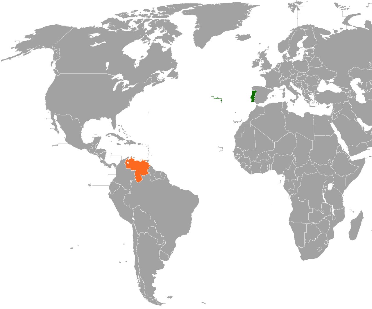 Mapa que muestra la ubicación de Venezuela y Portugal en el mundo