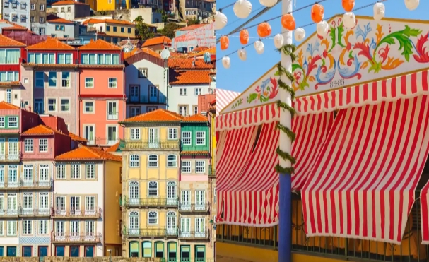 Vista de edificios coloridos en Porto y decoraciones de festival