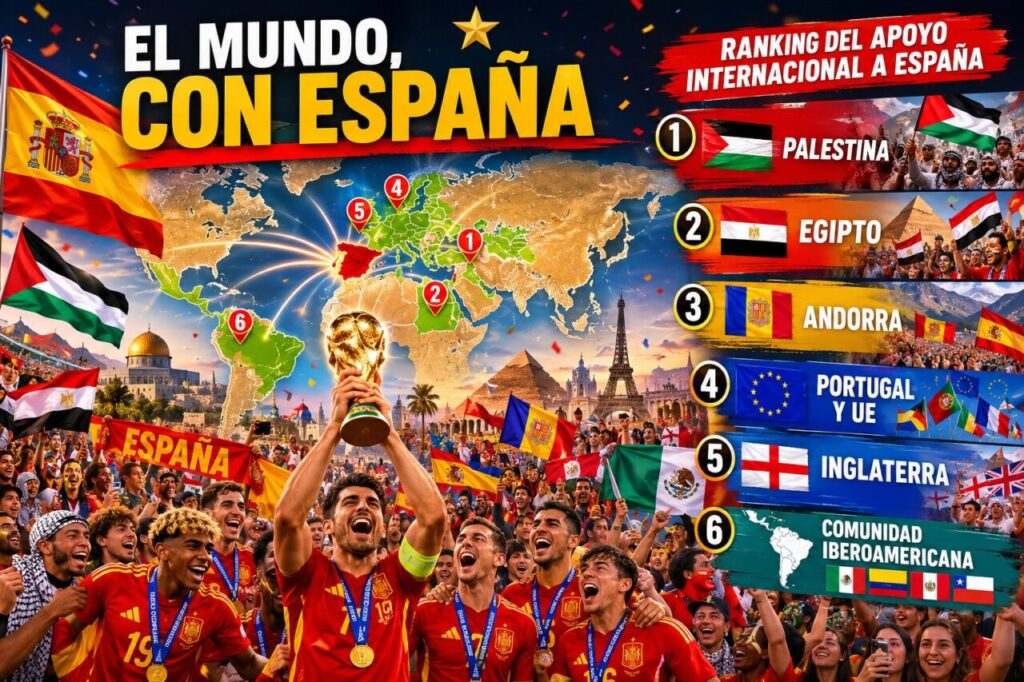Celebración del triunfo de España en el Mundial 2026 con banderas y trofeo