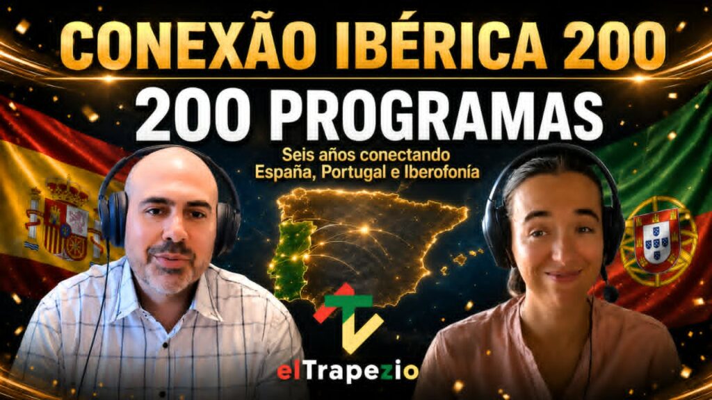 Presentadores de Conexión Ibérica 200 con banderas de España y Portugal