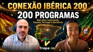 Presentadores de Conexión Ibérica 200 con banderas de España y Portugal