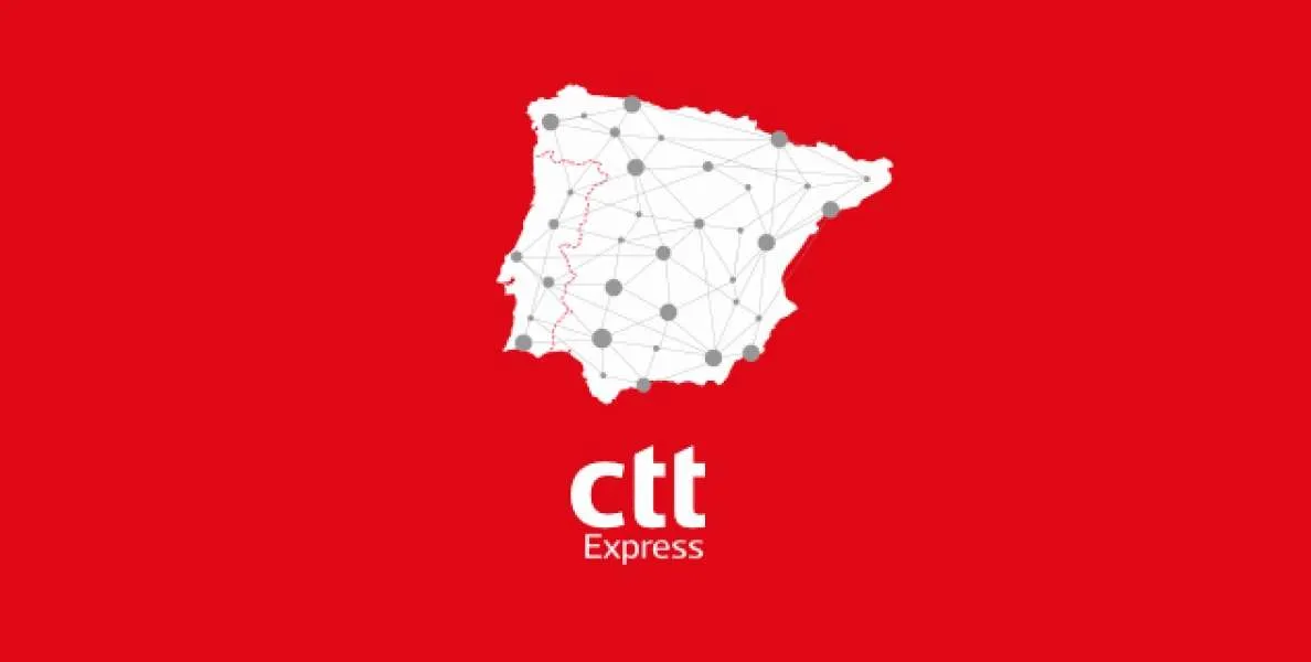 Logo de CTT Express sobre fondo rojo con mapa de España.