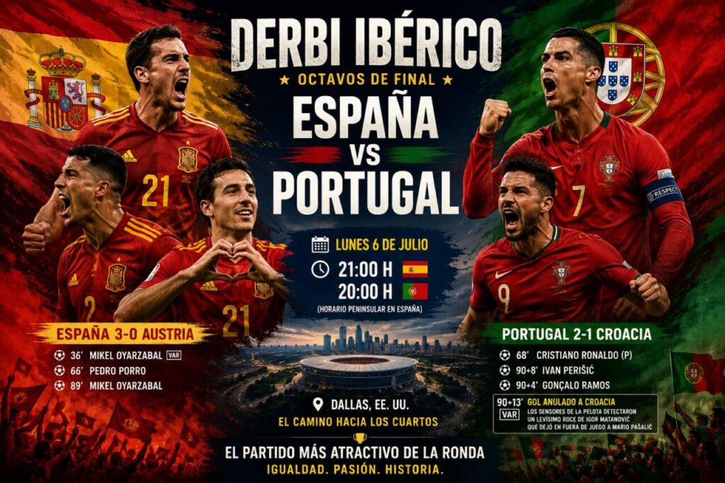 Cartel del duelo entre España y Portugal en octavos de final del Mundial
