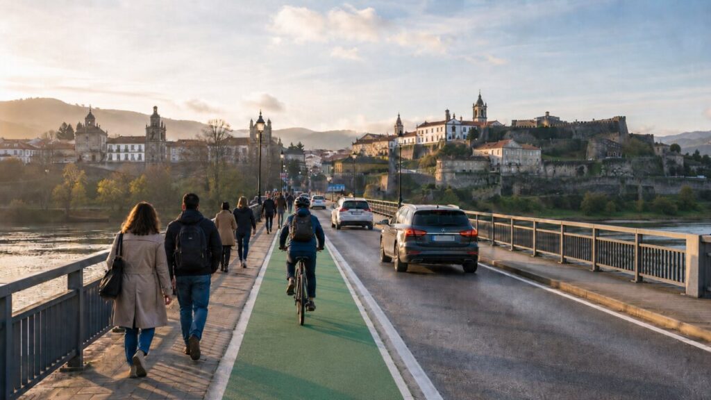 Puente transfronterizo entre España y Portugal con personas y vehículos