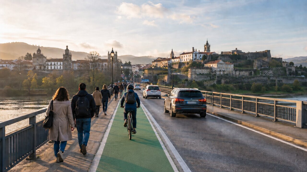 Puente transfronterizo entre España y Portugal con personas y vehículos