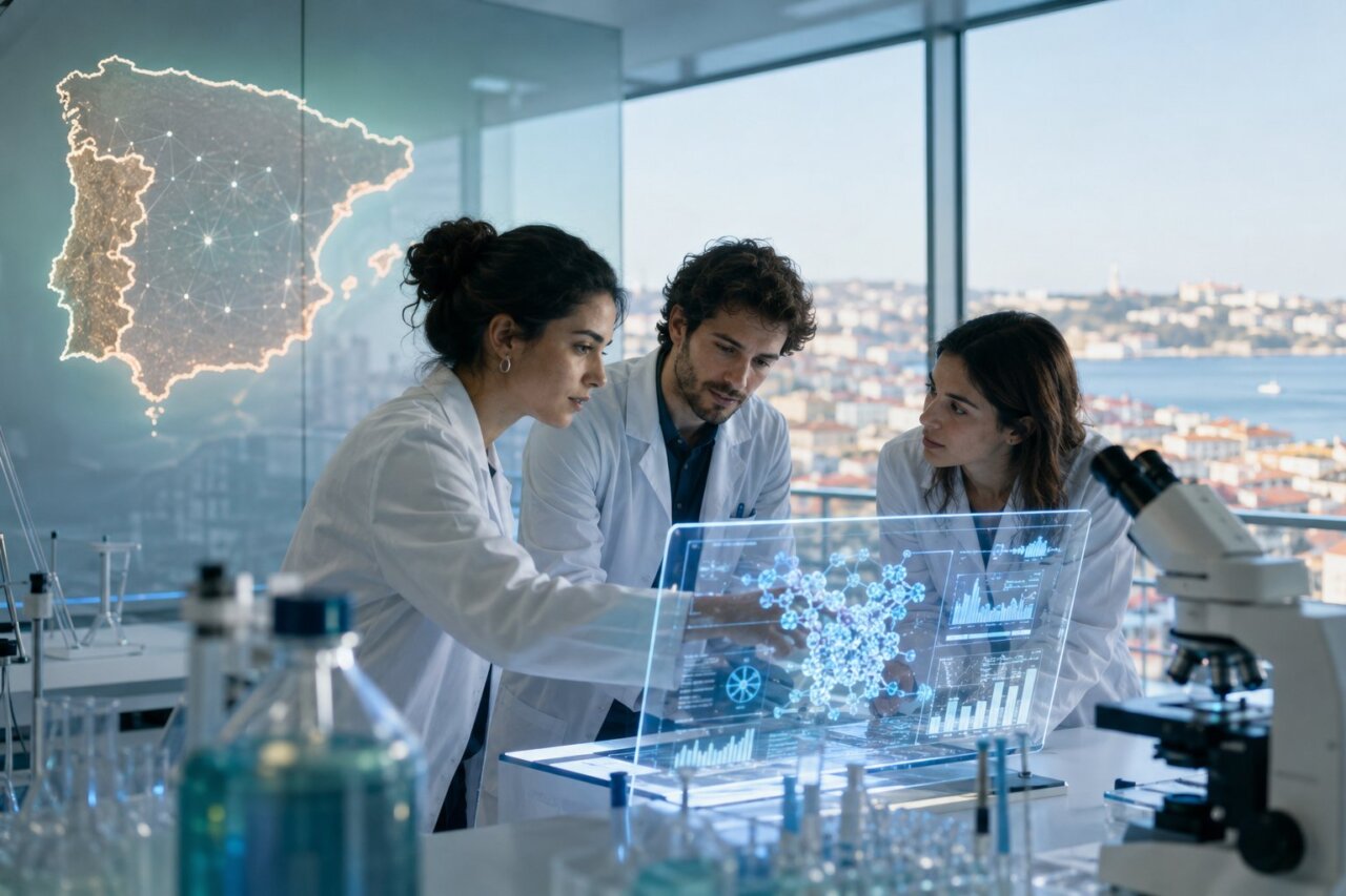 Investigadores trabajando en un laboratorio con tecnología avanzada en España